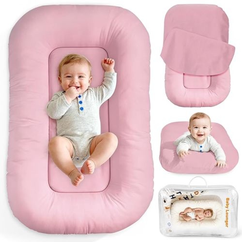 Idudbid Baby Lounger & Snuggle Nest for Newborn 0-24 Months, Baby Nest Supervised Breathable Cotton for Newborn, Breathable Portable Infant Lounnger for Travel and Home, Pink (Lounger Cover Included)