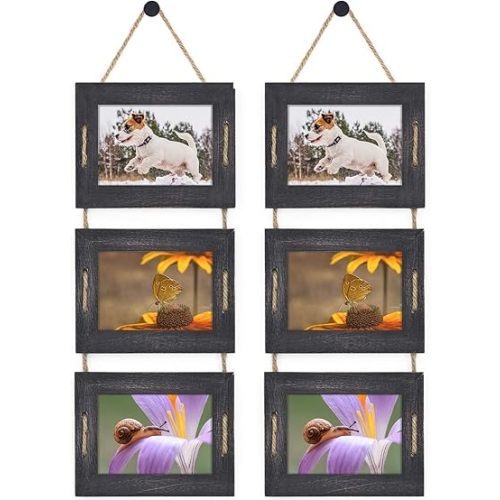DLQuarts 5x7 Hanging Picture Frames Collage Wall Decor, 3-Opening Photo Frames Set, 3.5x5 with Mat or 5x7 Without Mat, Rustic Solid Wood Photo Frame Pack of 2, Weathered Black