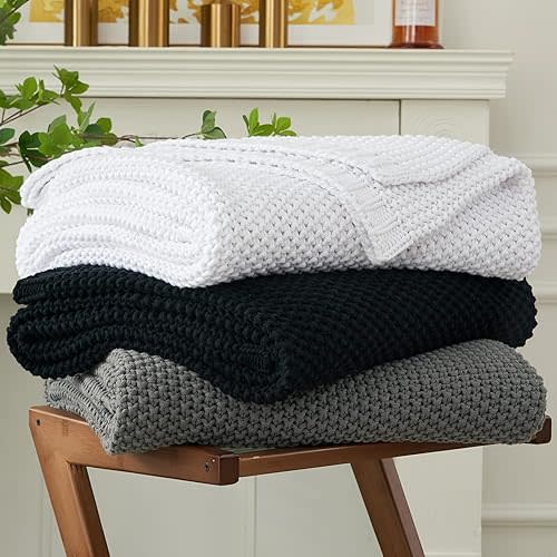 Longhui bedding Chunky Cable Knit Throw Blanket Lightweight White 100% Organic Cotton Blanket for Sofa Couch Bed Baby Nursery, Rustic Shabby Chic Modern Farmhouse, 60” x 80”, White