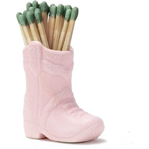 Cowboy Boot Match Holder With Striker for decorative matchsticks - Ceramic Cowgirl Boot Decor Aesthetic Small Cute Matchstick Box Western Decorative Mini Matchesboxes For Bathroom Fireplace Kitchen (Pink)