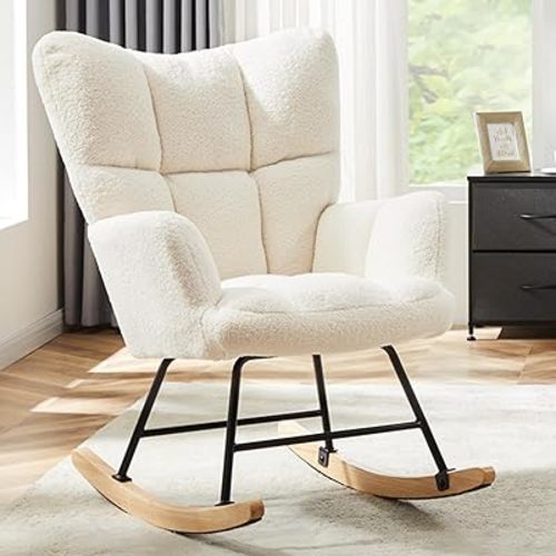 HealSmart Rocking Chair Nursery Teddy - Upholstered Comfy Glider Rocker with High Back Armchair, Cozy Reading Recliner Fluffy Comfortable Chair for Bedroom, Baby Room, Living Room and Study, Beige
