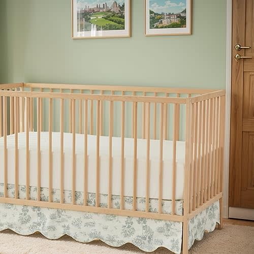 Brandream Scallop Edge Cotton Crib Skirt French Country Toile Toddler Bedskirt Baby Nursery Crib Bed Skirt Boho Bohemian Neutral Vintage Green Toile Floral Farmhouse Chic Boho Bohemian Skirt