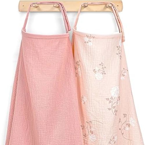 Muslin Nursing Cover for Breastfeeding, Privacy Breathable Breastfeeding Cover with Arch Neckline for Mom, 100% Cotton Nursing Apron, Floral and Pink