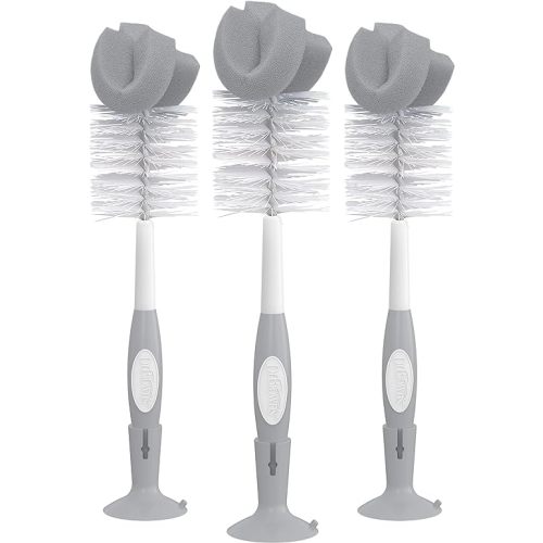 Dr. Brown's Reusable Sponge Baby Bottle Cleaning Brush Set with Suction Cup Stand, Scrubber and Nipple Cleaner, Gray, 3 Pack