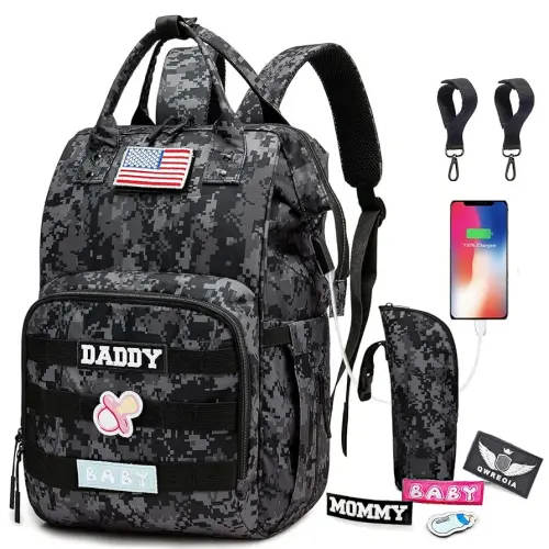 Camo Diaper Bag Backpack for Dad and Mom with USB Charging Port Stroller Straps and Insulated Pocket,army military Travel Nappy Backpack (DADDY and MOMMY patches)
