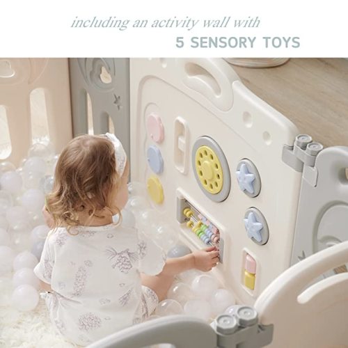 Fortella Cloud Castle Foldable Playpen, Baby Safety Play Yard with Whiteboard and Activity Wall, Indoors or Outdoors (Gray, 14 Panel) - Gray/White