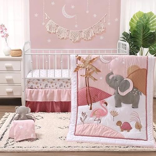 The Peanutshell 4 Piece Organic Cotton Baby Crib Bedding Set for Girls - Newborn, Infant & Toddler Nursery Bed Set Decor with Two Crib Sheets, Dust Ruffle Comforter - Safari Oasis