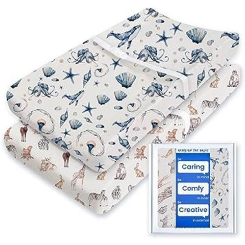 Extra Stretchy Changing Pad Cover, TotBasic Ultra Soft Premium Jersey Knit Changing Pad Sheets, Unisex for Boys Girls, Fits All Standard Changing Tables/Dresser Tops - 2 Pack (Ocean Pals + Wildlife)