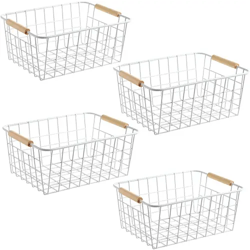 LeleCAT Wire White Baskets with Handles Wire Storage Organizer Baskets For Kitchen, Household Refrigerator for Cabinets, Pantry, Closets, Bedrooms - Set of 4(White)