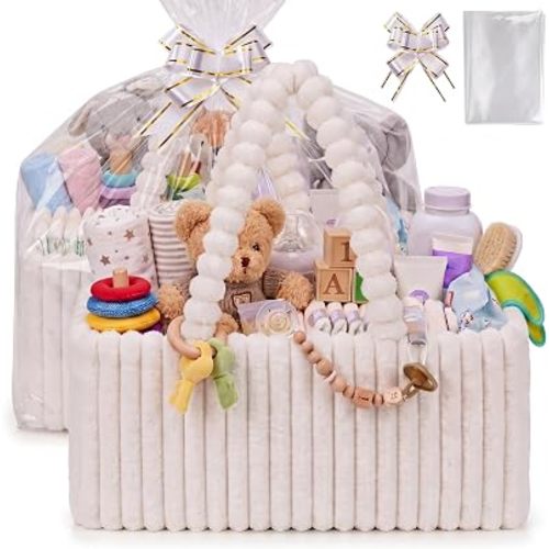 Abbylike 2 Pack Flannel Diaper Caddy Organizer with Gift Bag and Bow, Baby Shower Gift Basket with Handle, Portable Nursery Storage Basket Bin for Diapers, Wipes, Newborn Essentials