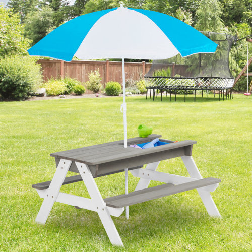 Adrianus 3 in 1 Kids Picnic Table with Umbrella and 2 Play Boxes, Sand & Water Table w/Removable Tabletop