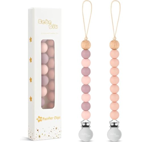 BebeBiu 2 Pack Pacifier Clips, Silicone Pacifier Clip for Baby Boys and Girls, Baby Pacifier Strap with Silicone Beads, Pacifier Holder, Keeps Pacifier Clean (Mauve/Muted)