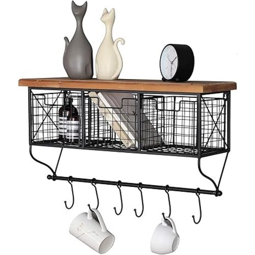 Industrial Wall Mounted Metal Wood Shelf with Baskets Hooks Hanging Storage Rack Display Shelf Sundries Holder for Coffee Bar Kitchen Office Bathroom Organization and Home Decor, Black