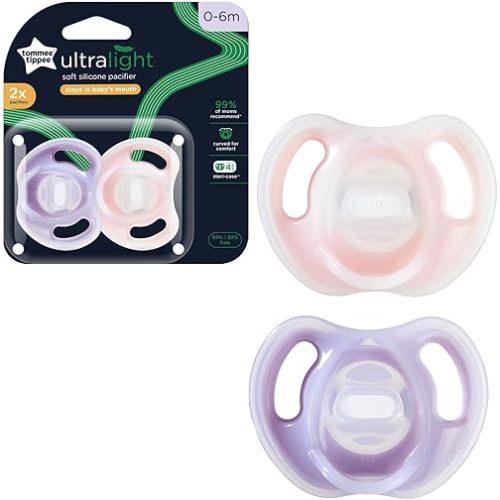 Tommee Tippee Ultra-Light Silicone Pacifier, 0-6 Months, Symmetrical One-Piece Design, BPA-Free Silicone Binkies, Pink/Purple, Pack of 2