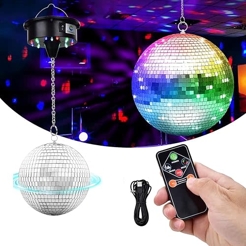 8" Hanging Disco Ball with Motor and Light, Rotating Spinner with Remote Control, 4 Light Colors and 18 LEDs for 70s 80s Party DJ Club Wedding Birthday Supplies