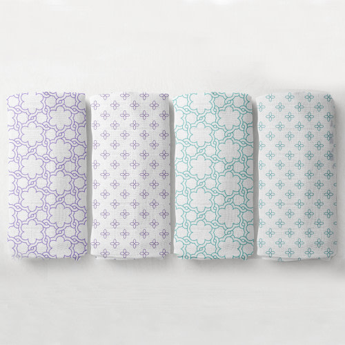 Bacati - 4 Pack Girls Muslin Essentials Swaddle Blankets Petals Floral Purple Aqua