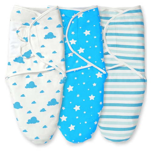 Imperial Rooms Organic Cotton Baby Swaddle Wraps, Velcro Infant Sleep Sack Blanket, 0-3 Months, Unisex, 3 Pack - Blue