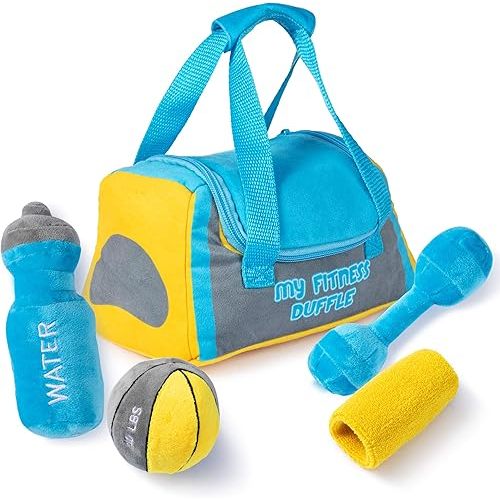Talking Plush Baby Workout Toys | Baby Crossfit Toy | Plush Fitness Duffle Toy Set | 4 Talking Soft Plush Workout Gear | Medicine Ball, Dumbbells, Sweatband, & Water Bottle | Plush Duffle Bag Carrier