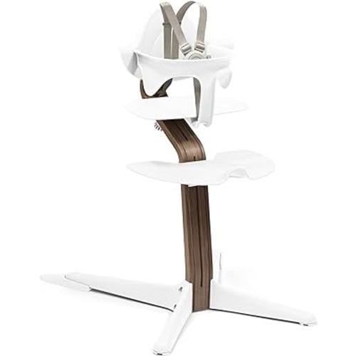 Stokke Nomi High Chair, White/Walnut - Inspires Active Sitting - Tool-Free, Seamless Adjustability - Includes Baby Set with Removable Harness for Children 6-24 Months