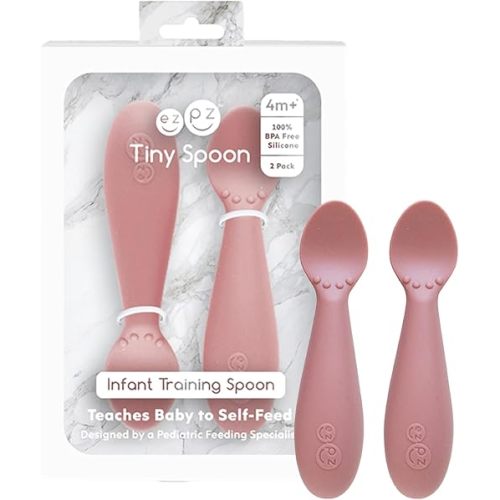 ezpz Tiny Spoon (2 Pack in Blush) - 100% Silicone Baby Spoon for Baby Led Weaning + Purees - 6 Months + - Designed by a Pediatric Feeding Specialist - Baby Essentials & Baby Gifts