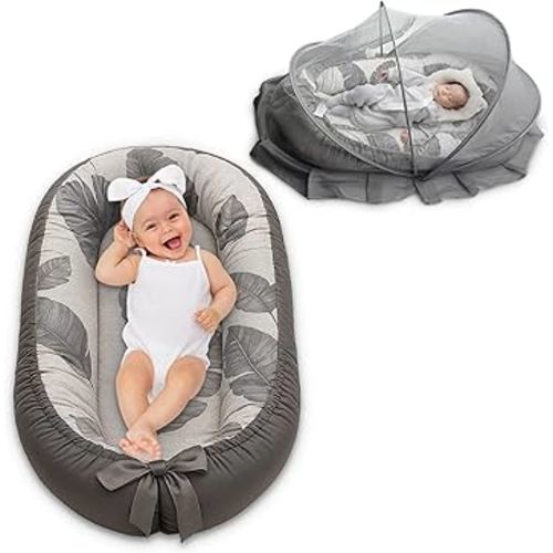 Baby Lounger for Newborn 0-24 Months, with Mosquito Net, Breathable & Soft Baby Nest, Portable & Lightweight (Grey)