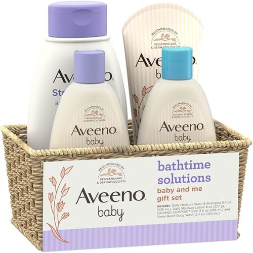 Aveeno Baby Bathtime Solutions Baby & Me Gift Set with Baby Wash & Shampoo, Calming Baby Bath, Baby Daily Moisturizing Lotion & Stress Relief Body Wash for Mom, Oatmeal, 4 Items