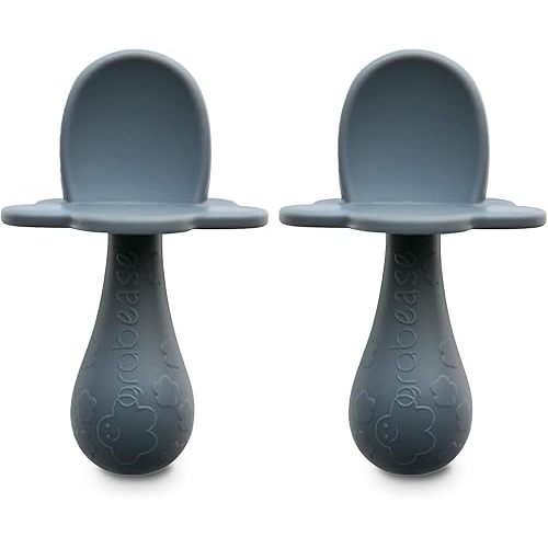 Grabease Baby Silicone Spoon Set for Baby-Led Weaning & First Stage Self-Feeding: Soft, Safe 100% Food-Grade Silicone; BPA-, PVC- Latex- & Phthalates-Free and Dishwasher Safe; Set of 2 Gray Spoons