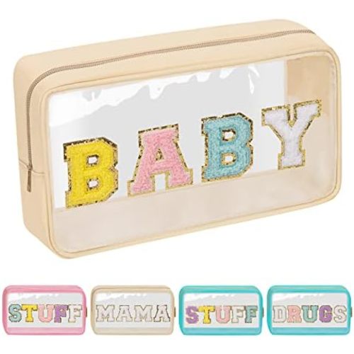 Iqimott Preppy Patch Clear Baby Bag, Women Chenille Letter Makeup Cosmetic Bag for Travel, Nylon Waterproof Organization Outdoor Zipper Pouch Toiletry Bag for Women Girls(Beige)