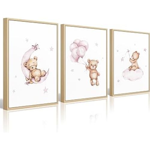 Bear Nursery Wall Art Decor Set of 3 Teddy Bear Wall Art Baby Girl Canvas Wall Decor Pink Pictures Balloon Nursery Children Prints Artwork Moon Star Cloud Art for Boys Room Bedroom 12x16 Inch Framed