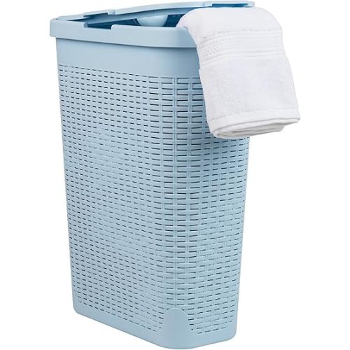 Mind Reader 40L Slim Laundry Hamper, Clothes Basket, Lid, Wicker Design, Plastic, 18"L x 10.4"W x 23.5"H, Baby Blue