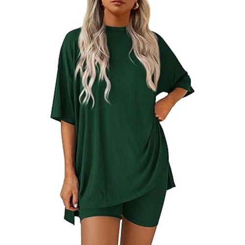 PRETTYGARDEN Women 2 Piece Lounge Set 2026 Summer Casual Oversized Shirts Biker Shorts Matching Airport Travel Outfit Clothes