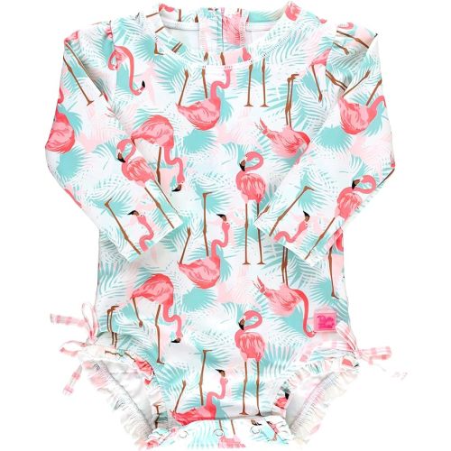RuffleButts Baby Girls UPF 50+ Sun Protection Floral Printed Long Sleeve One Piece Rash Guard Swimsuit with Zipper