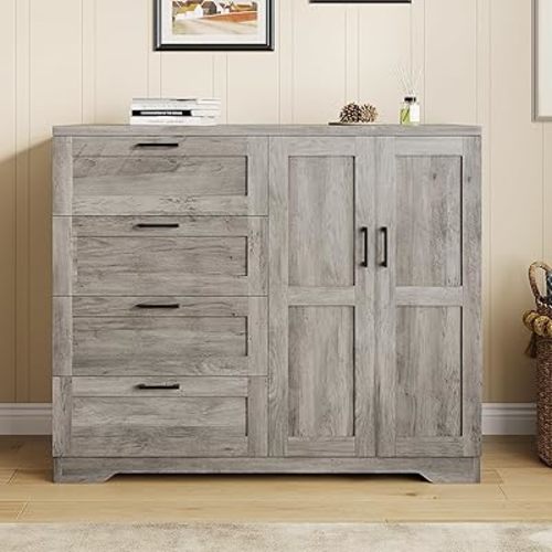 Multifunctional Wooden Dresser for Bedroom, 43.3'' H 2 Door Wardrobe Armoire Closet with 4 Drawers and Hanging Rod, Low Storage Cabinet for Hanging Cloth, Gray