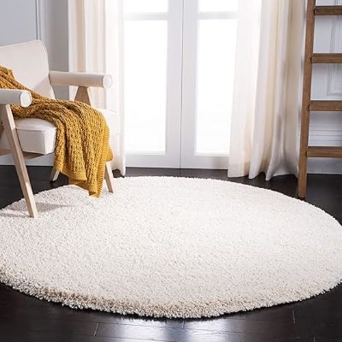 SAFAVIEH Milan Shag Collection Area Rug - 5'1" Round, Ivory, Solid Design, Non-Shedding & Easy Care, 2-inch Thick Ideal for High Traffic Areas in Living Room, Bedroom (SG180-1212)