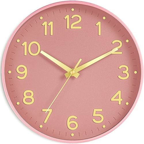 Silent Wall Clocks Battery Operated 8 Inch-Modern Non Ticking Analog Clock Decorative for Kitchen Office Bathroom Bedroom(Pink Gold)