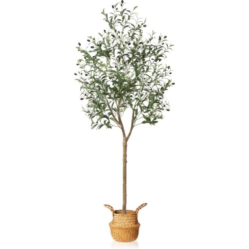 MOSADE Artificial Olive Tree 6 Feet Fake Olive Silk Plant and Handmade Seagrass Basket, Perfect Tall Faux Topiary Silk Tree for Indoor Entryway Modern Decor Home Office Porch Balcony Gift,1Pack
