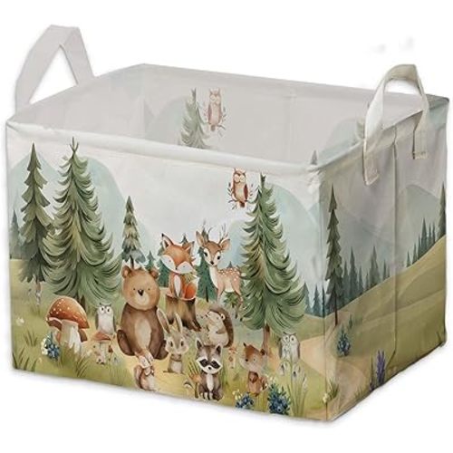 Cute Animals Storage Baskets, Woodland Nursery Decor, Woodland Baby Shower Decorations, Large Squarecanvas Laundry Hamper With A Waterproof PECoating, Foldable Kids Toy Clothes Bins for Bedroom