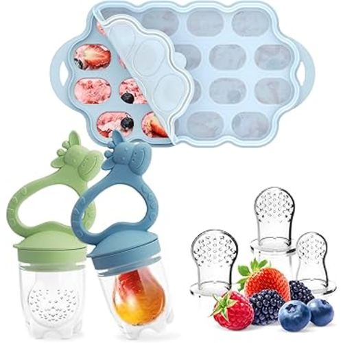 Baby Fruit Food Feeder Breastmilk Popsicle Molds for Teething Relief, Introduce New Foods, Silicone Freezer Tray with Lid, Includes 6 Food Pacifiers (Blue & Cyan)