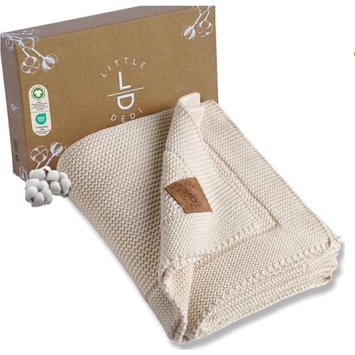 100% Organic Cotton Baby Knitted Blanket with Gift Box - Soft Toddler, Crib, Stroller Blanket - Neutral Swaddle and Receiving Blanket for Newborns, 30"x40", Stone