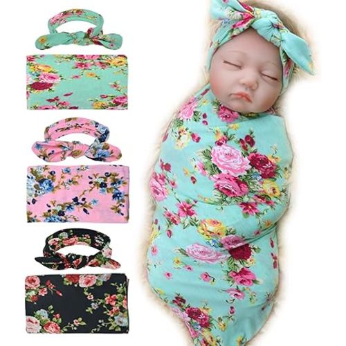 DRESHOW BQUBO 3 Sets Receiving Blanket with Headbands Newborn Baby Floral Printed Baby Shower Swaddle Gift
