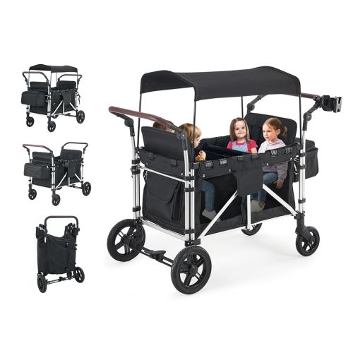 Amazon.com : Stroller Wagon for 4 Kids, Wagon Cart Featuring 4 High Seat with 5-Point Harnesses and Adjustable Canopy, Foldable Double Push Bar Wagon Stroller for Garden, Stroller, Camping (Black-G) : Toys & Games
