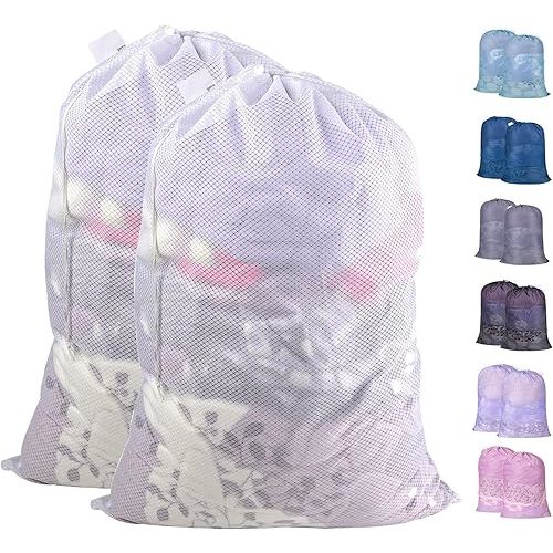Polecasa Heavy Duty Large Mesh Laundry Bags with ID Tag and Locking Drawstring Closure - 2 Pack, 24 x 36 inches - Laundry Hamper Liner, Washable Laundry Bag for Travel, Sports, Dorms (White)