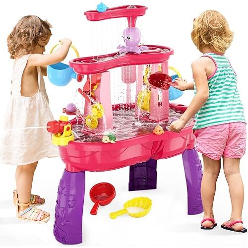Water Table for Toddlers 1-3 3-5, 3-Tier Kids Splash Sand Table Water Toys, Rain Showers Splash Pond for Outdoor Beach Backyard Summer, Activity Sensory Play Table for Girls, Pink