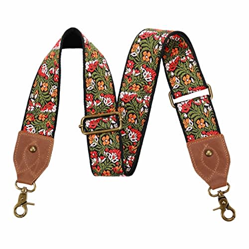 Purse Strap, 2"Cowhide Head Wide Shoulder Strap Adjustable Replacement,Retro Jacquard Embroidery Multi-pattern Crossbody Bag Straps for Handbag,Crossbody Bags,Shoulder Bags(Green embroidery)