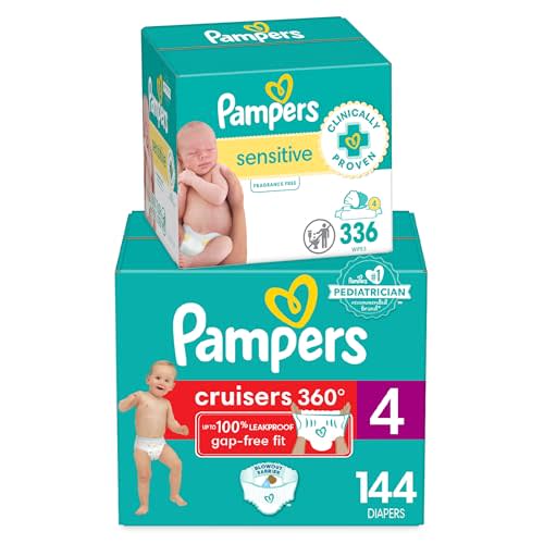 Pampers Pull On Cruisers 360° Fit Disposable Baby Diapers Size 4, One Month Supply (144 Count) with Sensitive Water Based Baby Wipes 6X Pop-Top Packs (336 Count)