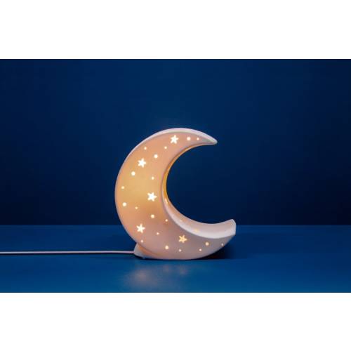 Porcelain Table Lamp in a Moon design | Kid's | Night Light | Hand Carved | Perfect for Nursery | Matte Finish in White