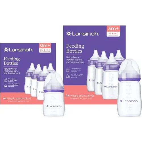 Lansinoh NaturalWave Newborn Gift Set – 4 Anti‑Colic 5 oz Bottles with Newborn XS Flow Nipples + 4 Breastfeeding 8 oz Bottles with M‑Flow Nipples 8 Pack Total