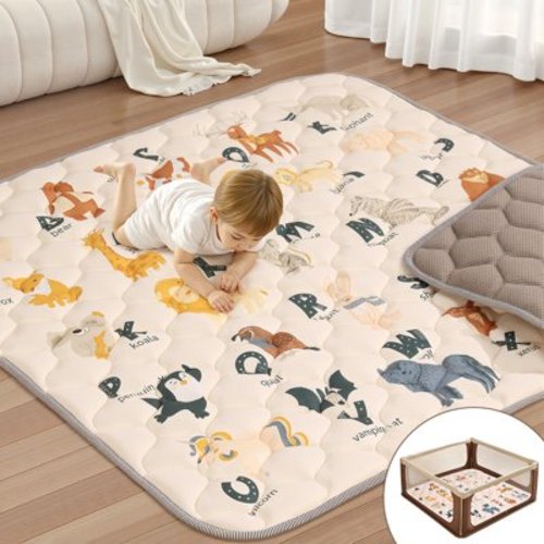 Baby Play Mat, Novashion Thicken Soft Cotton Baby Playmats, Foldable Anti-Slip Floor Crawling Playmat Playpen Mat for Infants and Toddlers, 50"x50", Beige