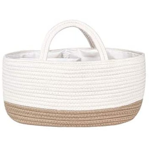Mila Millie Baby Large Cotton Rope Diaper Caddy | Organizer Storage Bin for Nursery Essentials | Portable Bag for Changing Table and Car | 100% Natural Cotton | Eco Friendly (White & Biege)