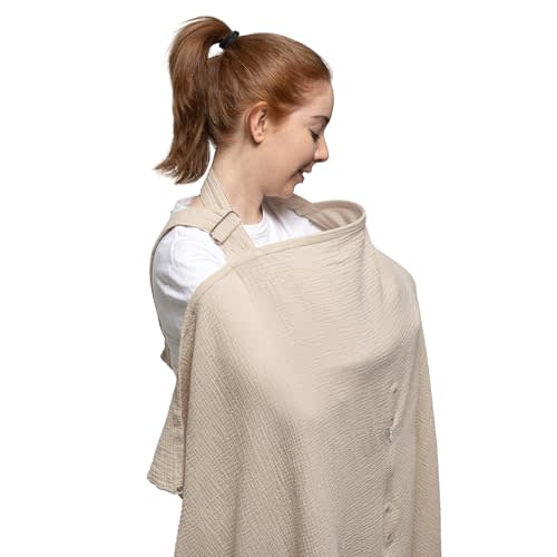 Nilsa 5-in-1 Muslin Nursing Cover up for Breastfeeding & Baby Car Seat Cover - Breathable Breastfeeding Cover With Rigid Hoop - 100% Cotton Privacy Apron Breast Feeding Covers For Women (Ecru)